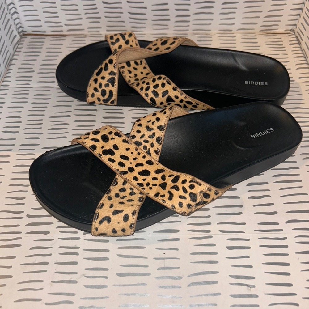 Birdies‎ Robin Cheetah Calf Hair Scalloped Slide Sandals Womens 8.5 Tan Black